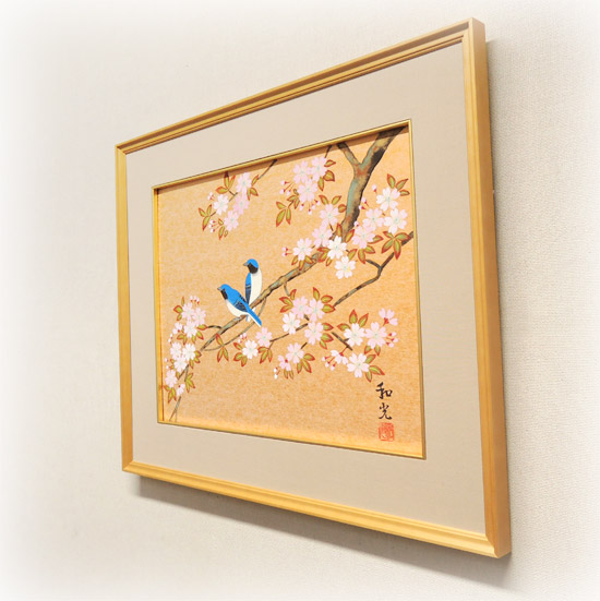 絵画 桜に瑠璃鳥 (三宅和光) 送料無料 【肉筆】【桜絵】【日本画】【花