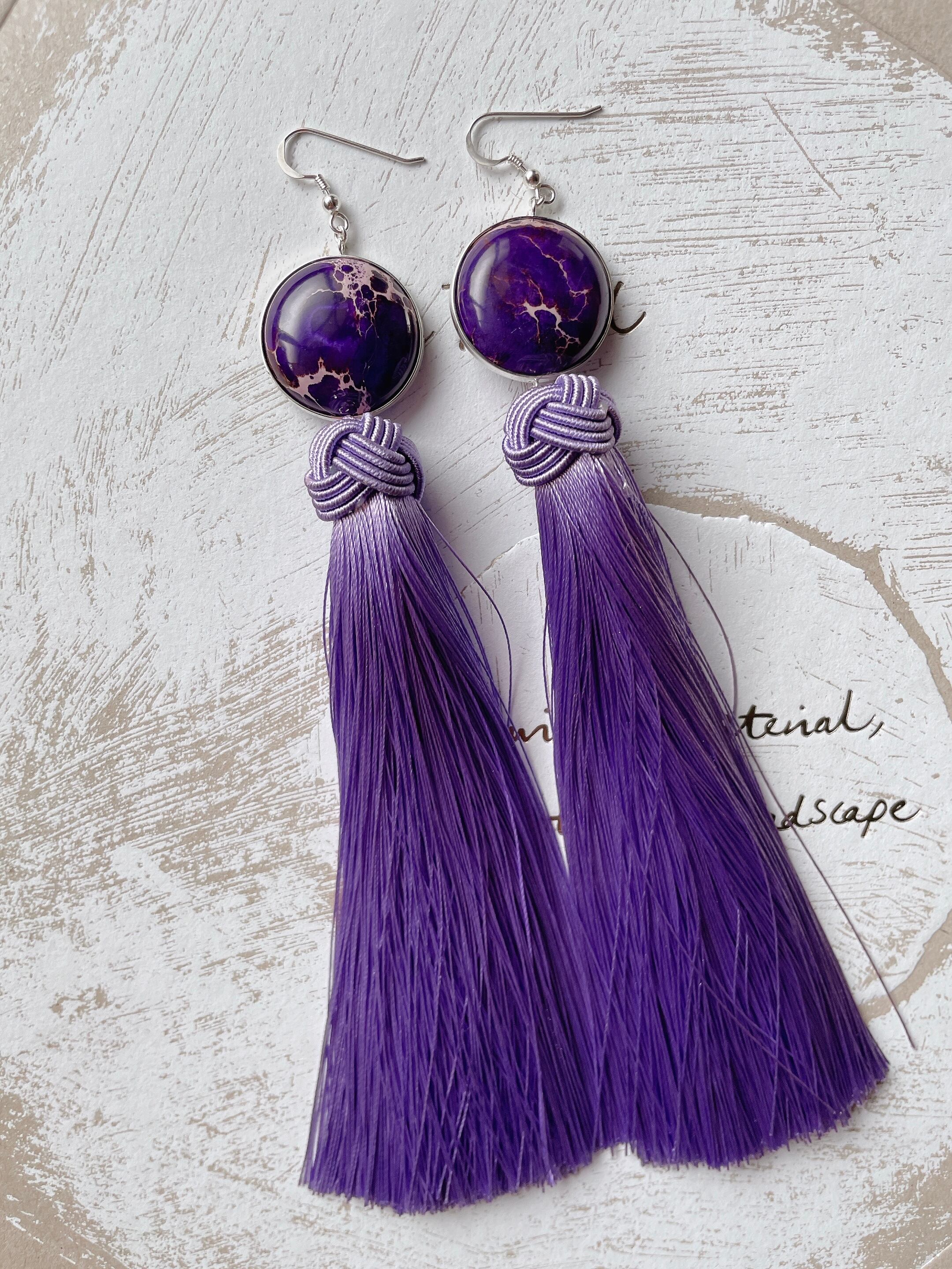 1点物 ペア】シノワズリーなライトパープルロングタッセルピアス