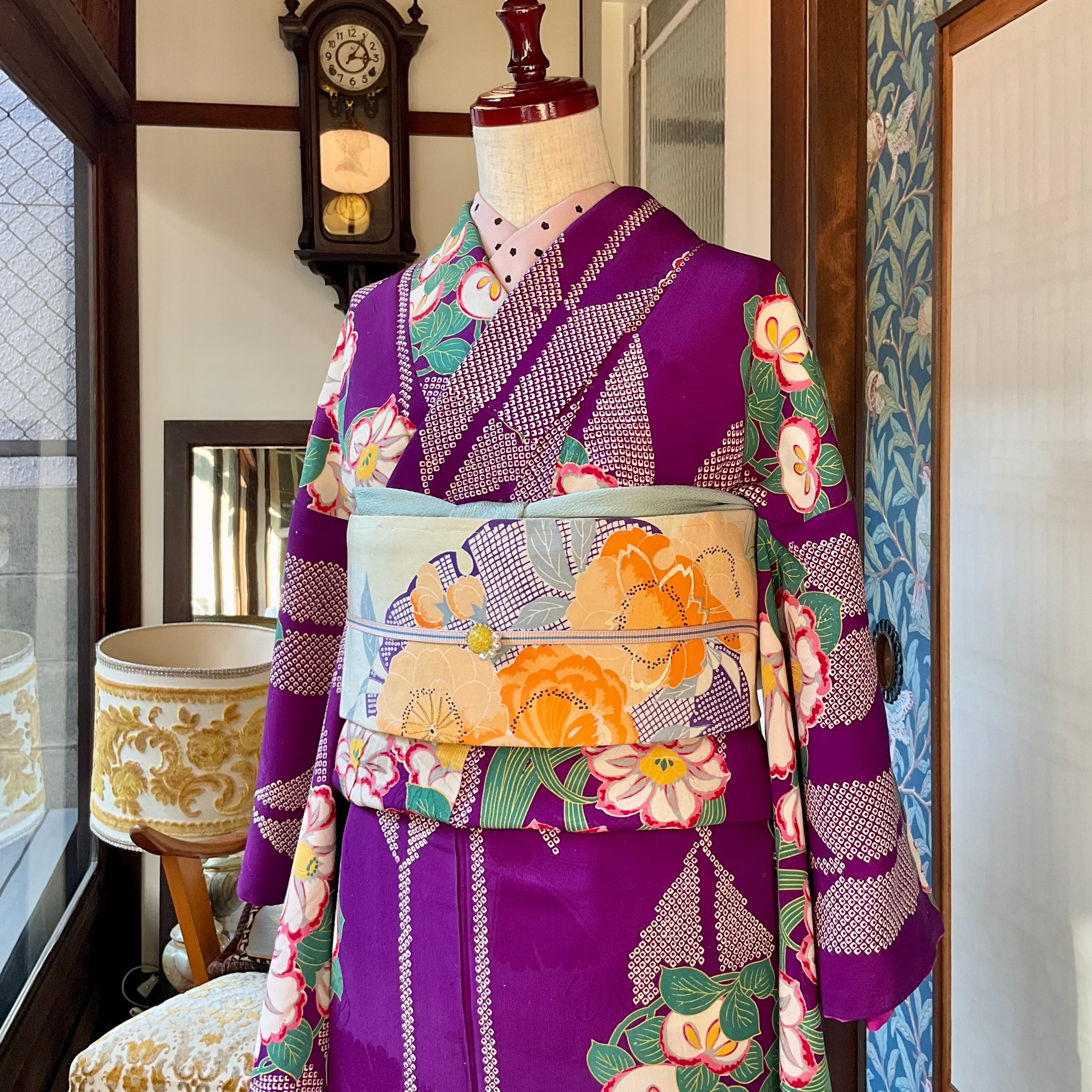 矢羽根に花丸＊紫 パープル 椿 水仙 立花 橘 花 袴 卒業式