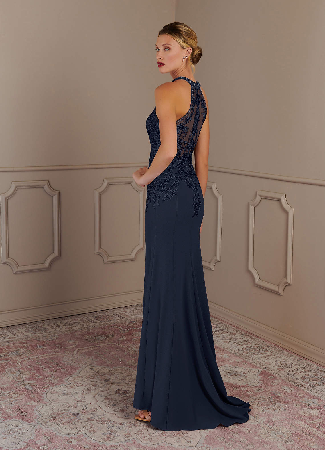 Azazie Tyra Dark Navy Mermaid Halter Lace Stretch Crepe Dress | Azazie