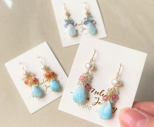 台湾 海の煌めき 14kgf ラリマー アクアマリン ピアス / イヤリング