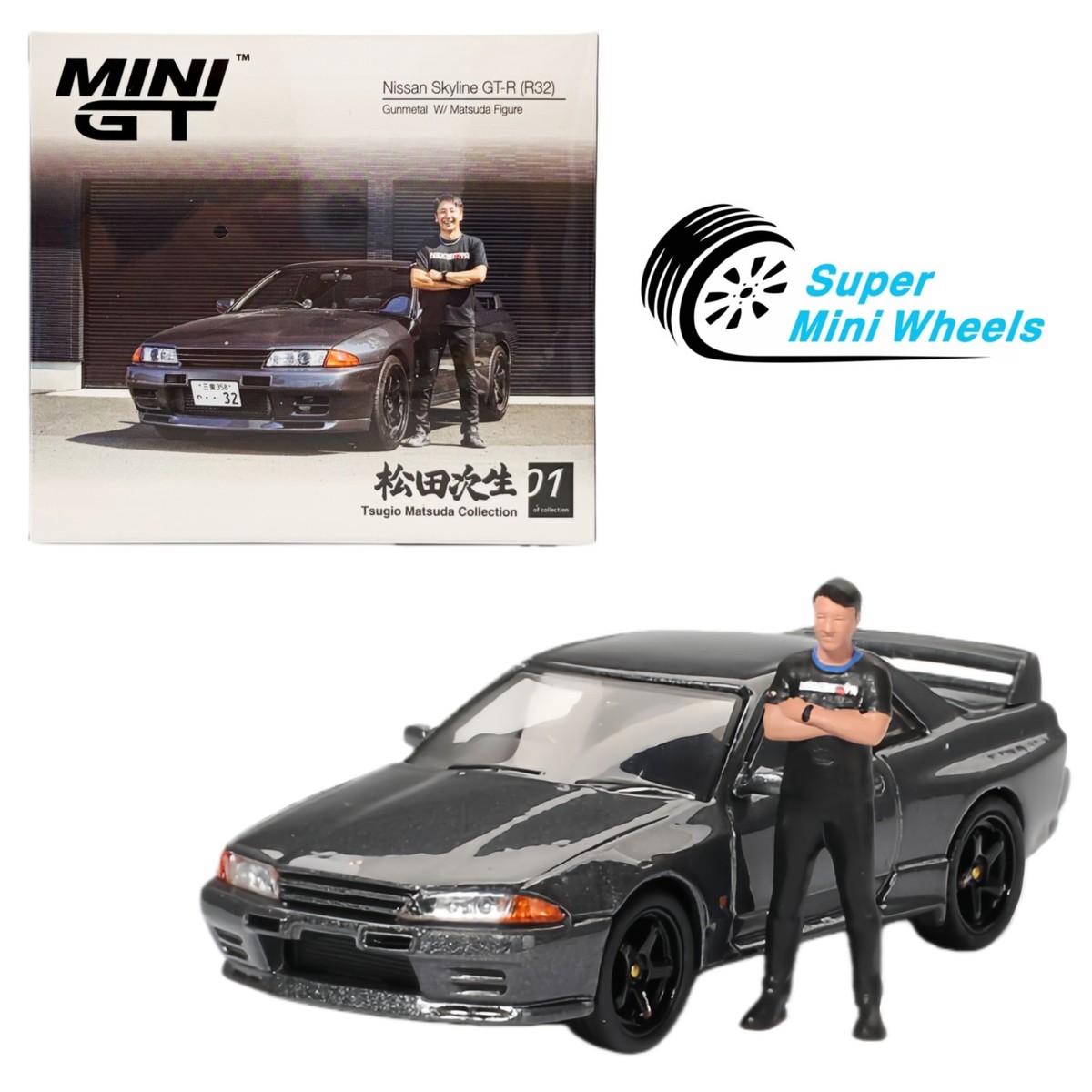 Mini GT 1:64 Nissan GT-R (R32) Gunmetal W/ Matsuda Figure Tsugio