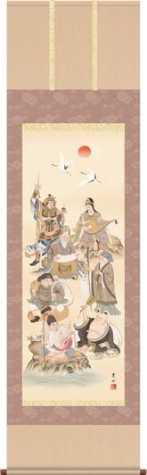 掛け軸-七福神／緒方葉水（尺五・桐箱・風鎮付き）おめでたい掛軸