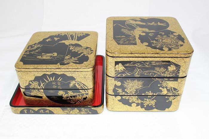 I-417輪島塗堅地布着地紙沈金彫五段重箱重台付 国田春人作 - 石川県