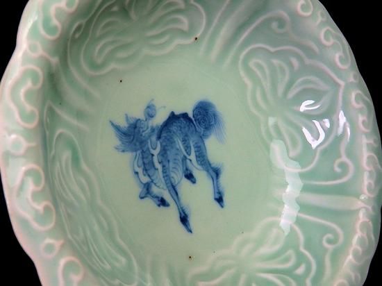 古伊万里 青磁 陽刻 麒麟図 膾皿 江戸後期