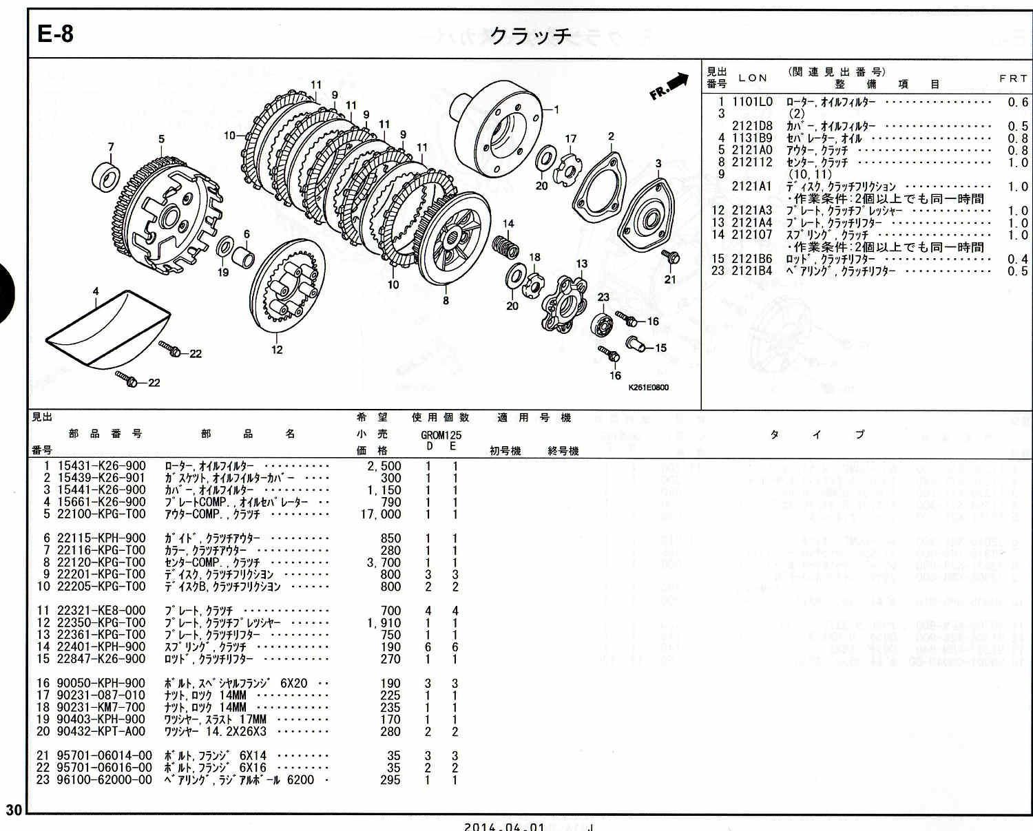 GROM ホンダ純正部品 ブロックNo.E-8 クラッチ ページ30 - ミニバイク
