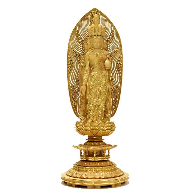 木彫仏像 【十一面観音菩薩立像】 桧木 切金仕上げ 立9.0寸 総高61cm