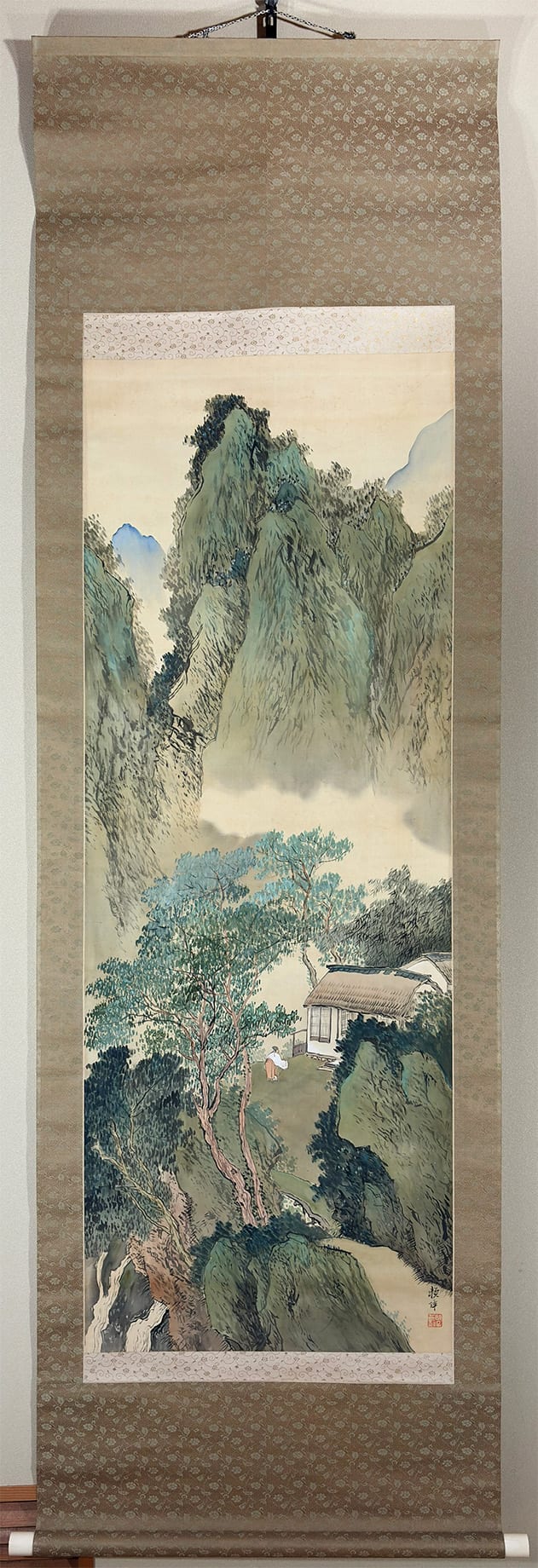 真作】掛軸 山水画 滝図 青緑山水 山岳と滝 古美術品 合箱入 U56 真作