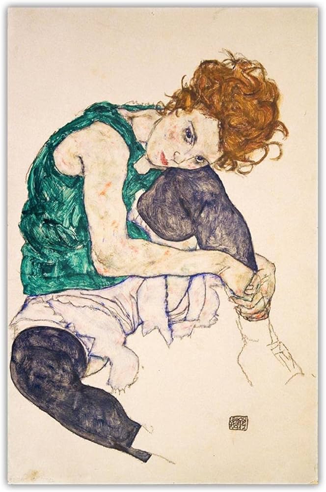 エゴン・シーレ、【緑の頭巾をかぶってうずくまる女】、希少な画集画