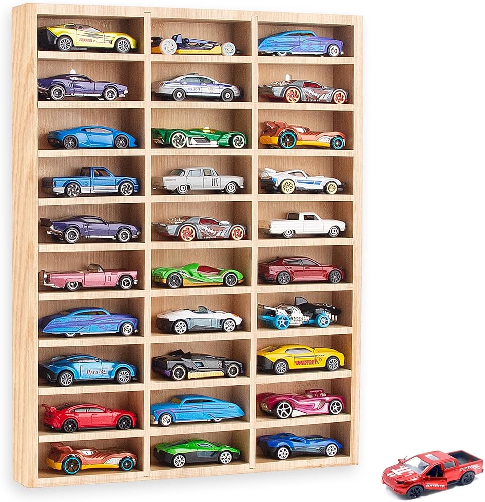 Stylish Wood Toy Cars Display Case with Removable Shelves, Wall