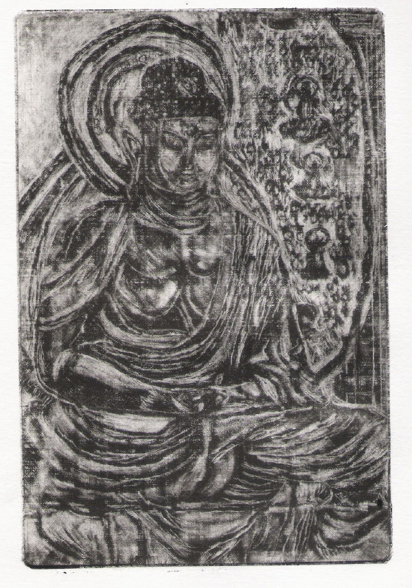 銅版画の下絵ドラフト＆銅版画（エッチング） 清涼寺阿弥陀如来坐像