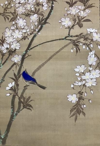 碧水 花鳥図 絹本 掛軸【浮世絵師：北尾重政】Ukiyoe Shigemasa Kitao