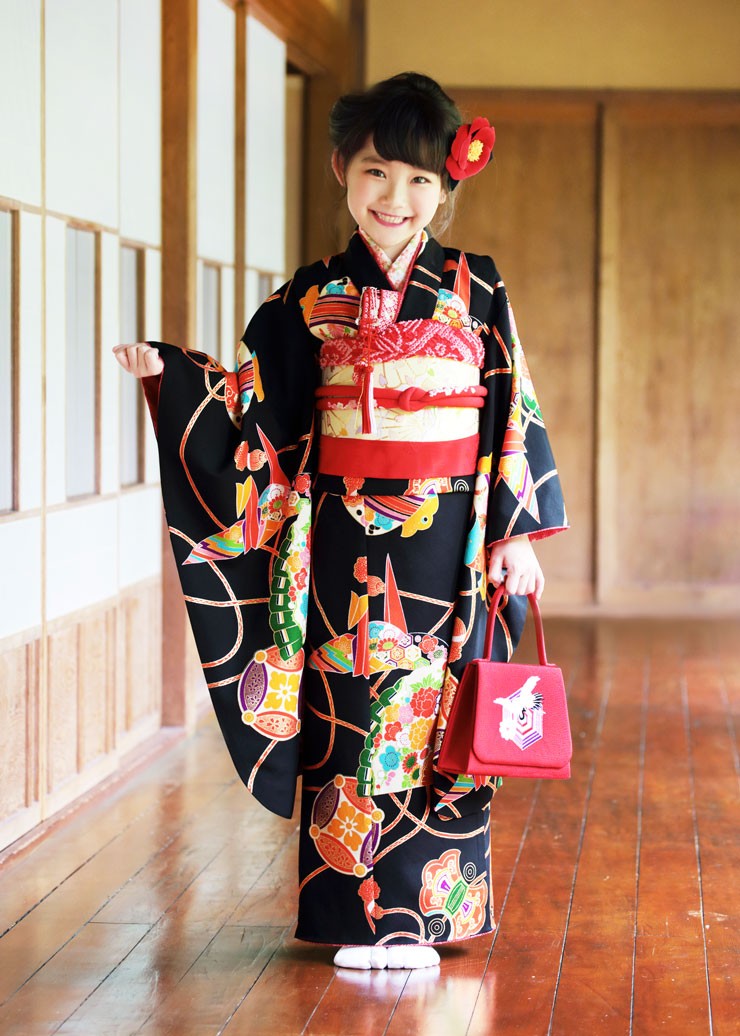 七五三 着物 7歳 フルセット 7才用 「紅一点」 女児着物セット - 正絹