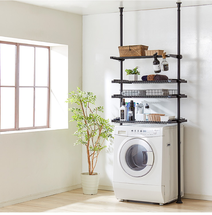 洗濯機ラック 突っ張り式 ブラック 幅伸縮式 ランドリーラック 洗濯機