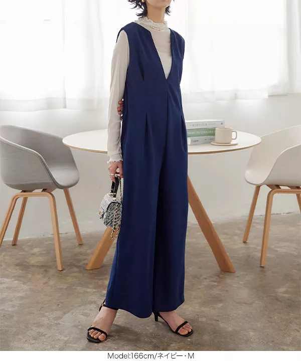 ディープキーネックウエストタックオールインワン [E3241