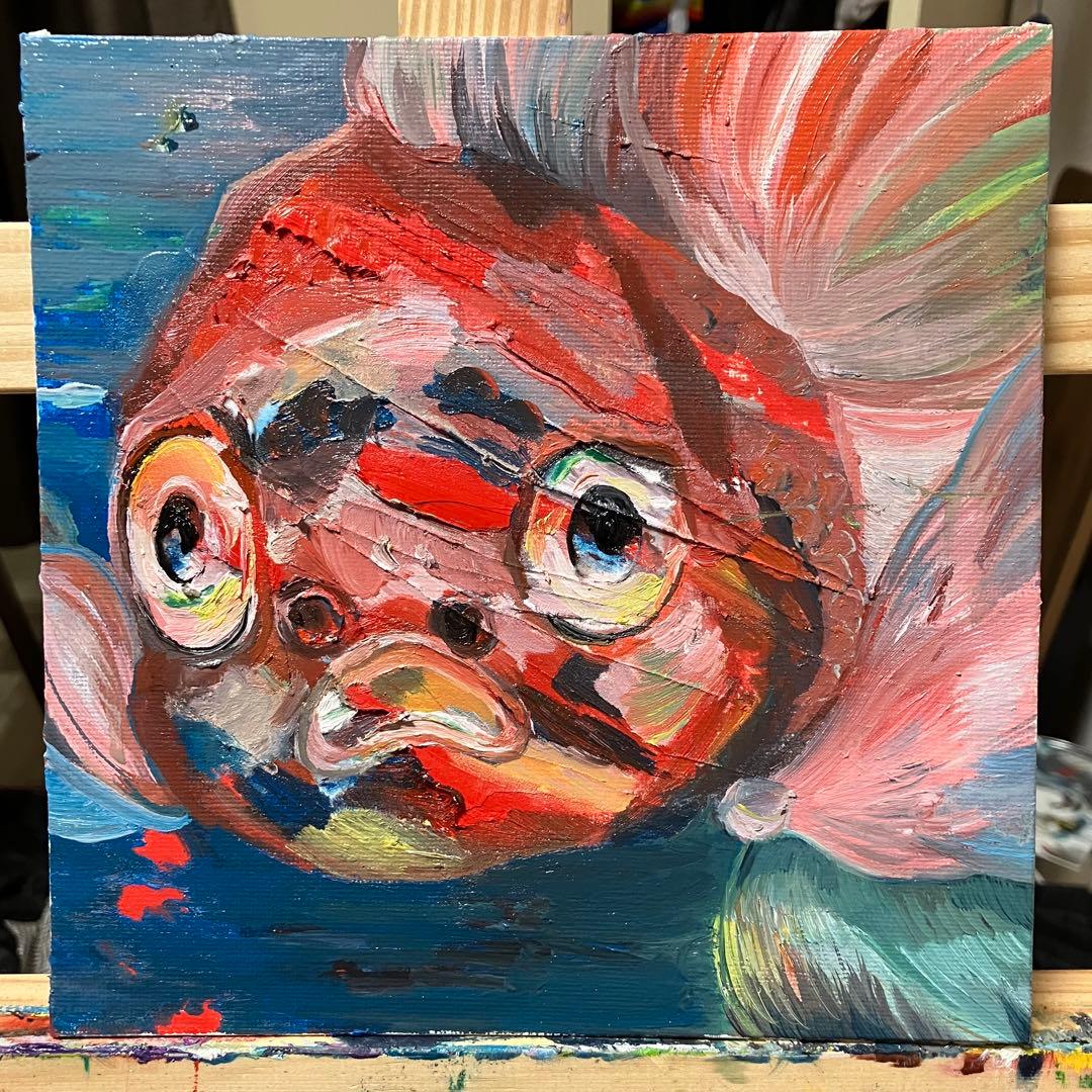 金魚　油絵　油彩画 20×20cm Amazon.co.jp: 金魚動物魚抽象油絵キャンバス壁アート写真水彩ポスター
