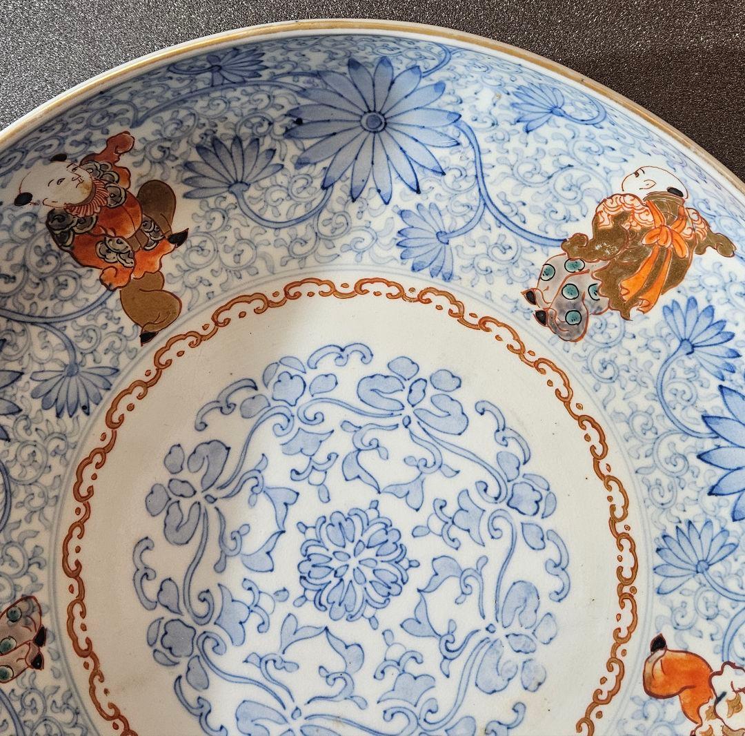 大名品❗】江戸時代 古伊万里 染錦 唐草文に金彩色絵唐子図 31.2cm大鉢