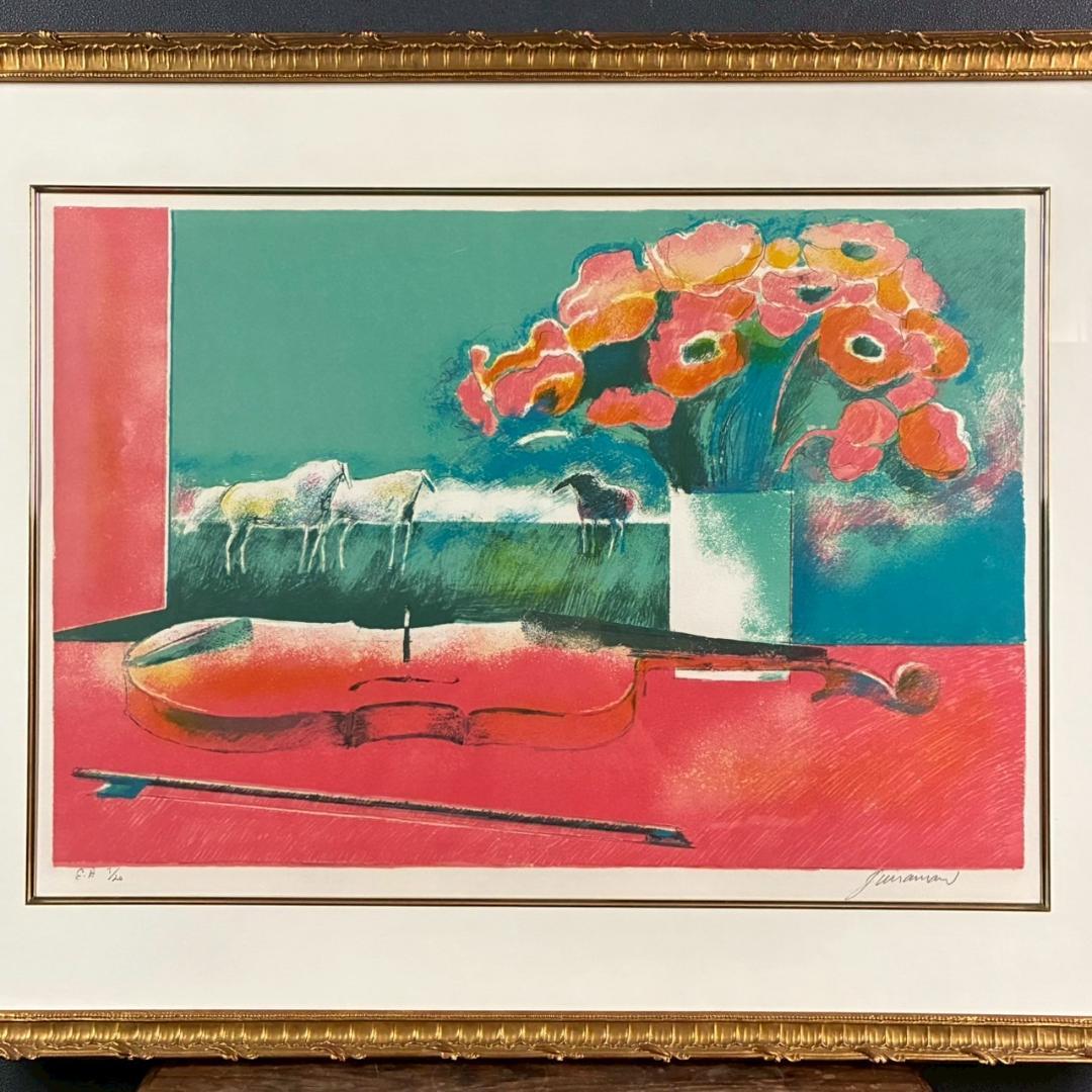 美品 ポール・ギヤマン「赤い花とバイオリンと馬」リトグラフ 直筆