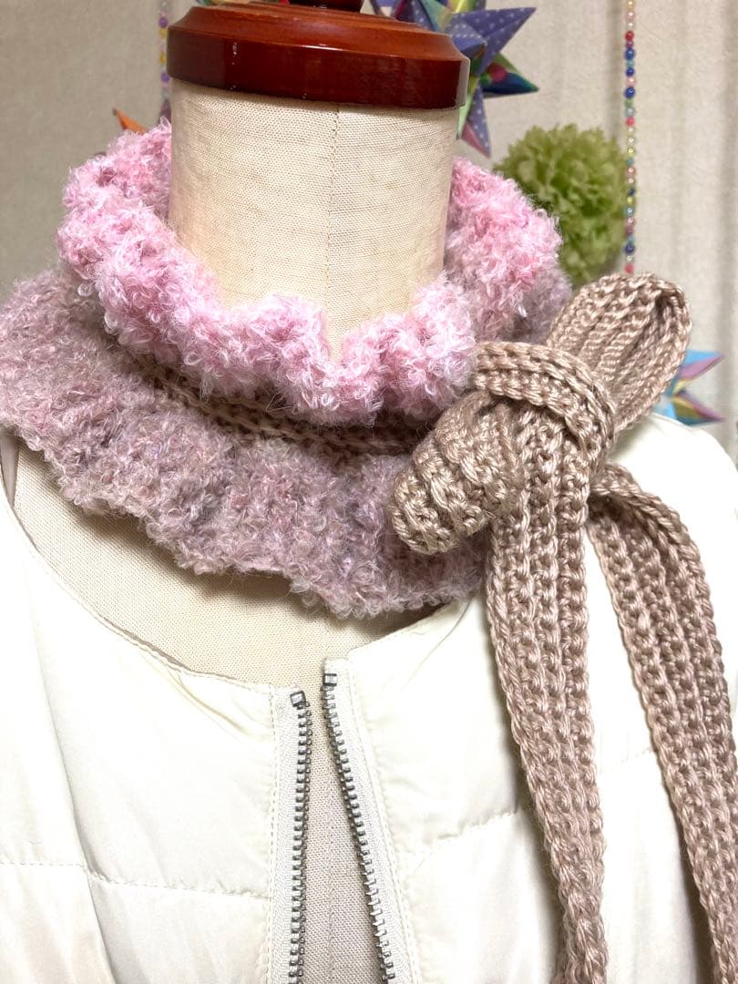 マフラー フリル付きリボンマフラー 手編み ハンドメイド 1235 - メルカリ