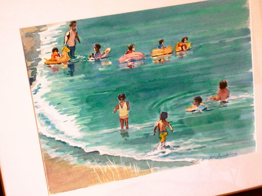 水彩画 海水浴 2020年 原画 F6サイズ 額縁付き