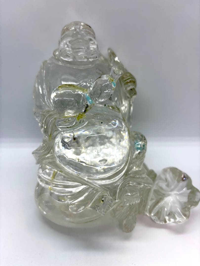 伝統工芸士 保山作 水晶彫刻 布袋像 台座付き