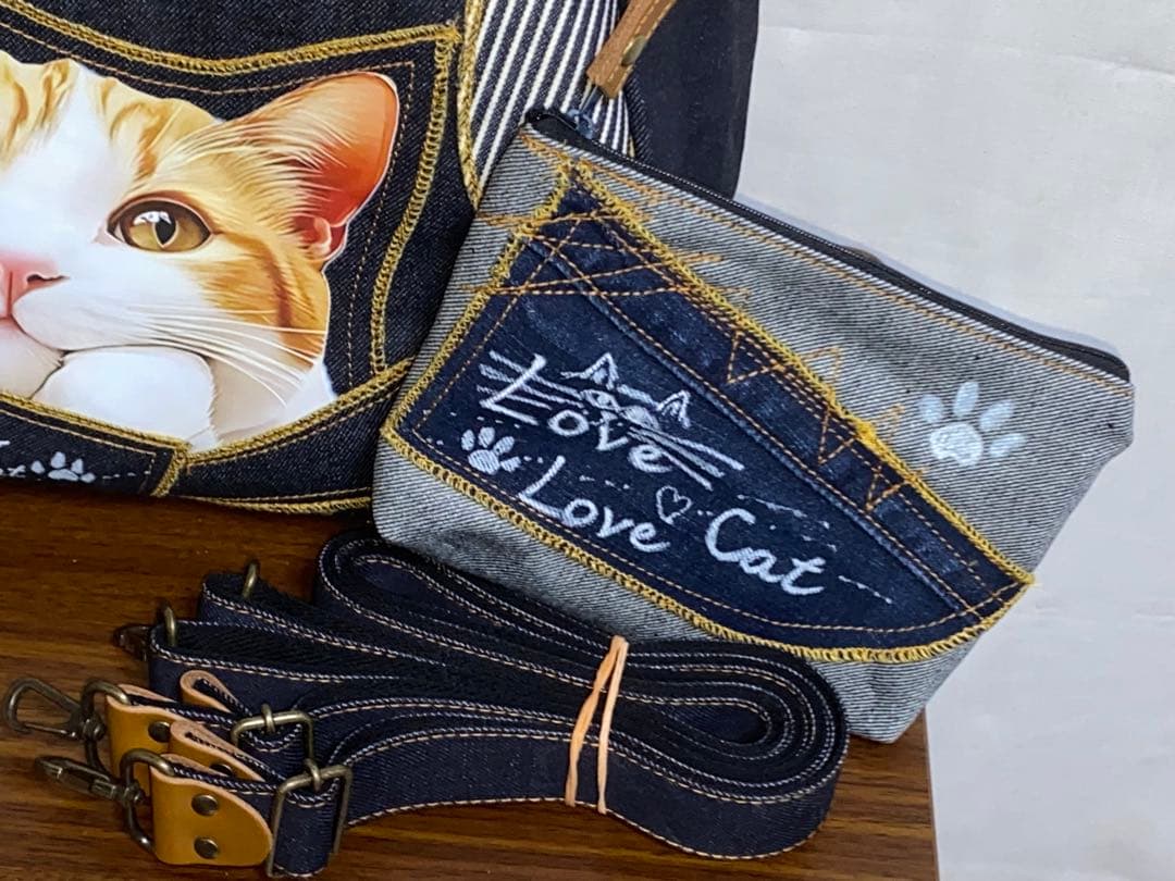 歳末セール☆岡山デニム☆ステンシル☆トラネコ☆4wayボストンバッグ