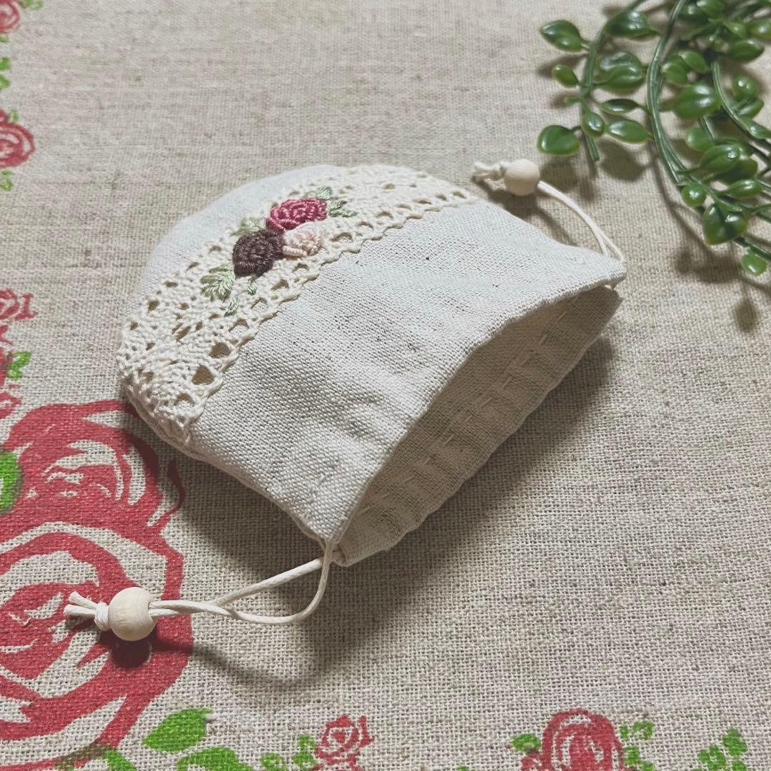 No.2306-64 手のひら巾着サシェ 香り袋 綿麻レース ローズ刺繍 ピンク