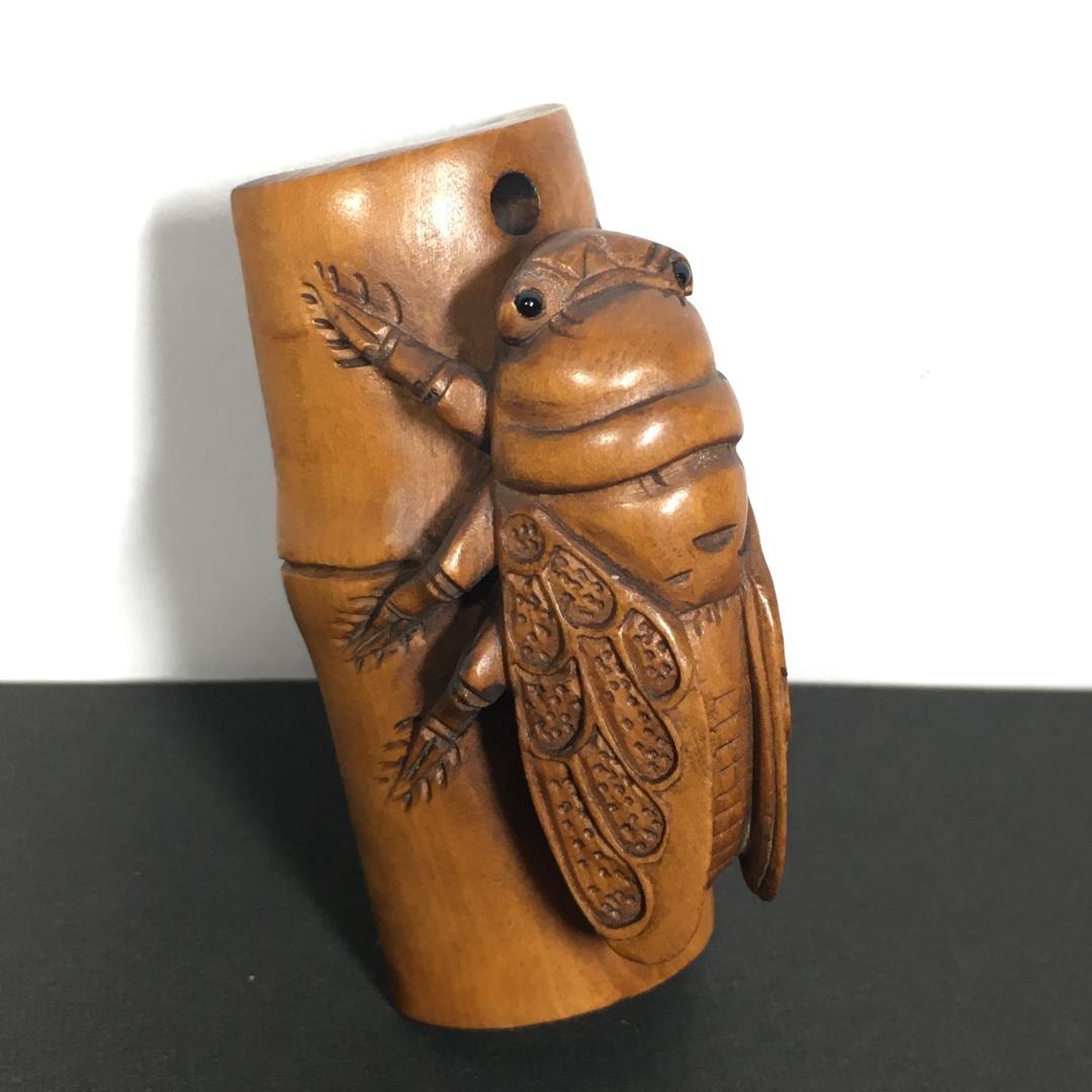 美品 時代根付 セミ 蝉 石川銘 木彫り 提げ物 和装小物 着物 芸術 線密