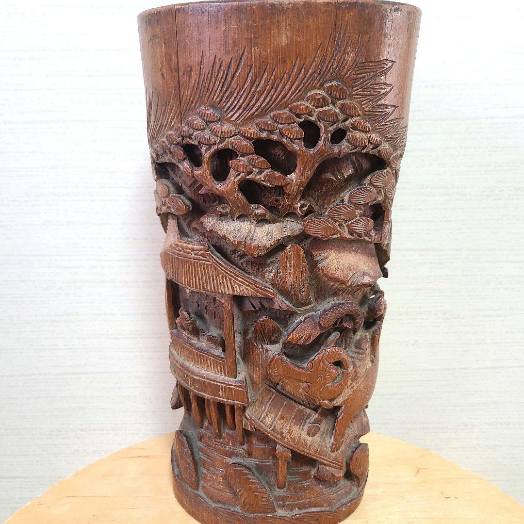 竹製　彫刻 円筒形　筆筒　花瓶　花入れ 20201014-1.gif