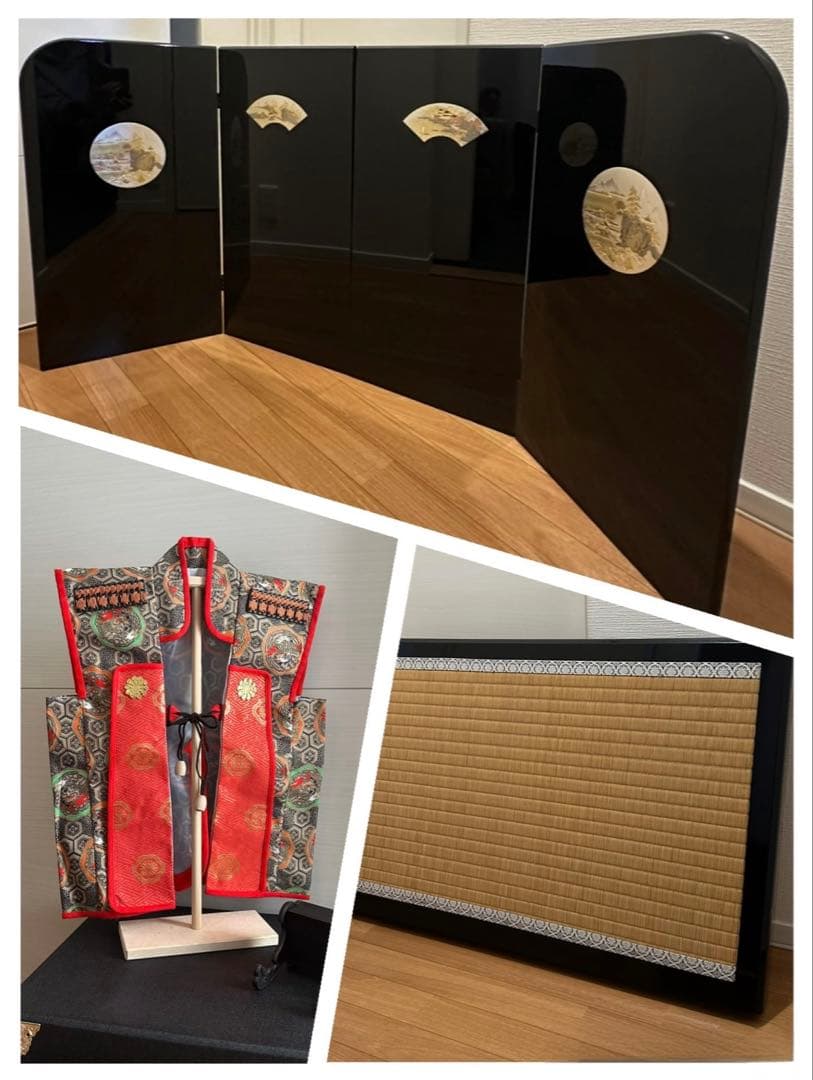 【美品】屏風＋台座＋ 陣羽織 3点セット　　◉おまけ付き（ご希望された方のみ） 最新作 田村芙紗彦作 正絹西陣織 金駒刺繍 無地扇 済美箔屏風 クリア