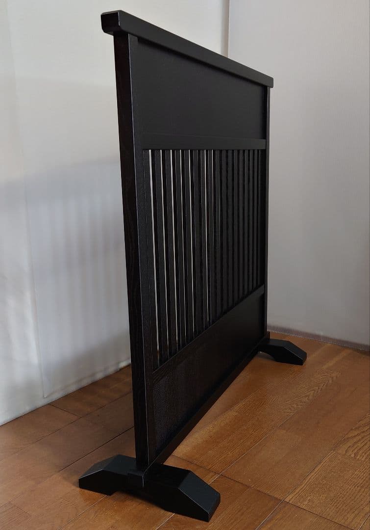 和風格子状ブラック衝立 天然杢タモ無垢材フレーム 訳アリ特価②