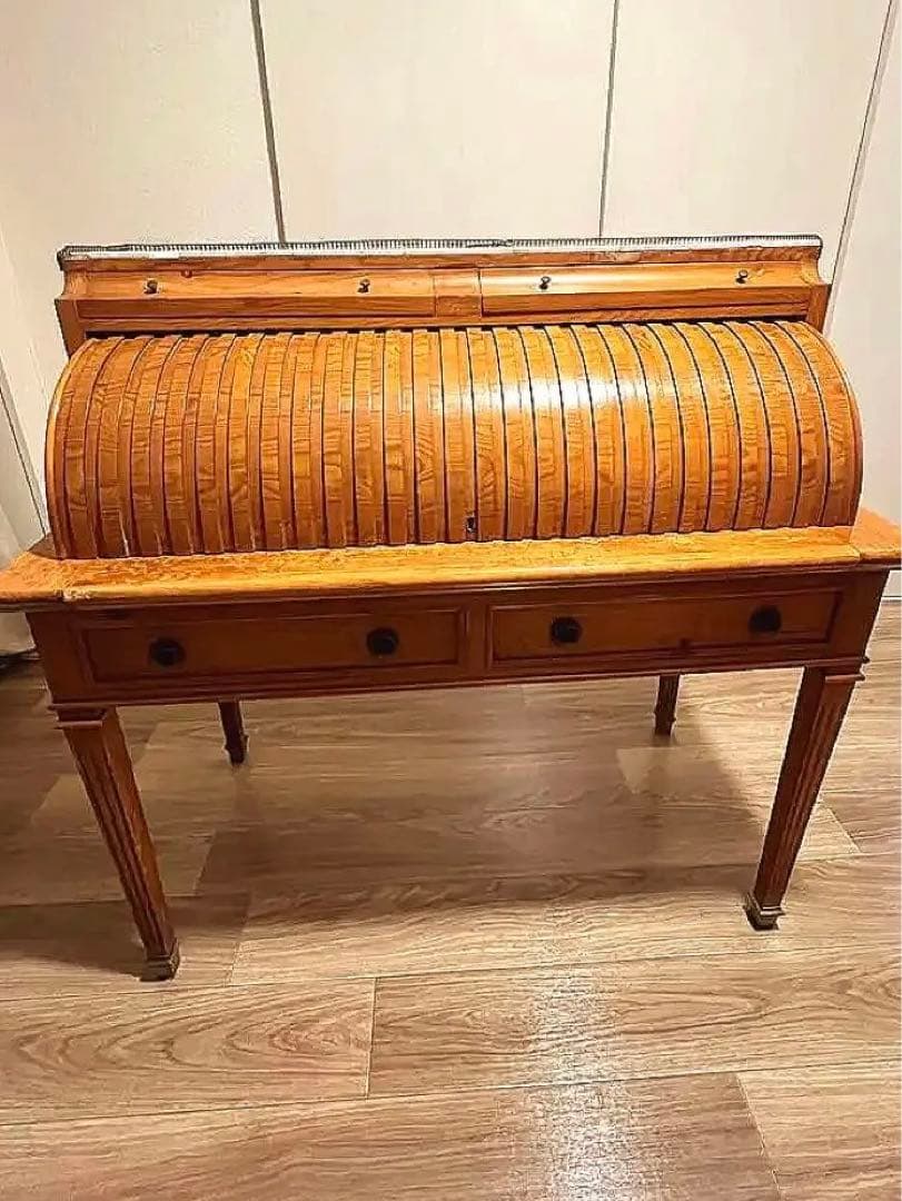 送料込み ロールトップデスク 蛇腹 チーク フランス アンティーク