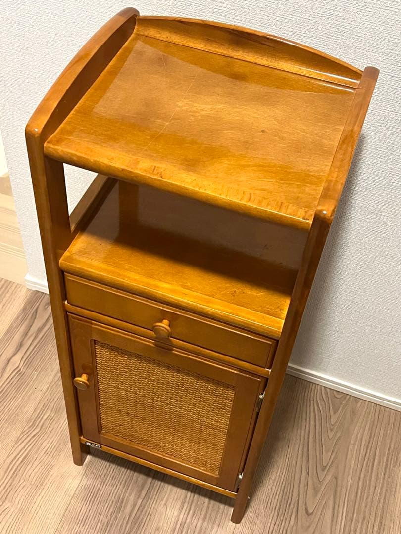 オールドカリモク 電話台 サイドキャビネット ラタン扉 木製 収納棚