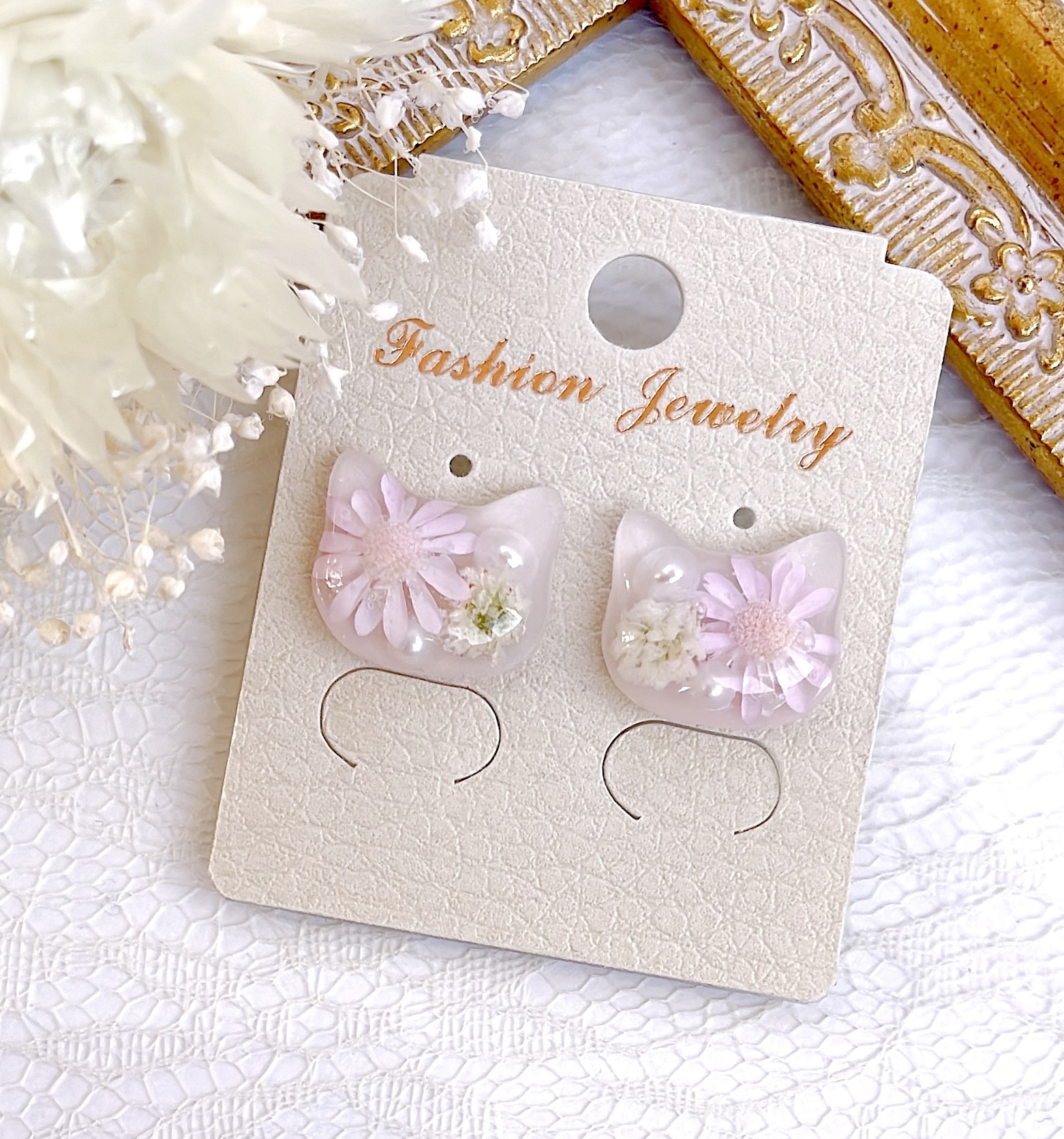 猫ピアス ハンドメイド レジン ドライフラワー ヘアピン ねこ - flower